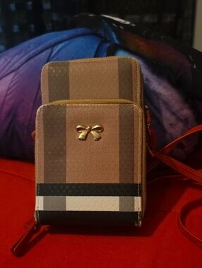 Women's Crossbody Wallet Purse - Pink Stripe with Gold Bow